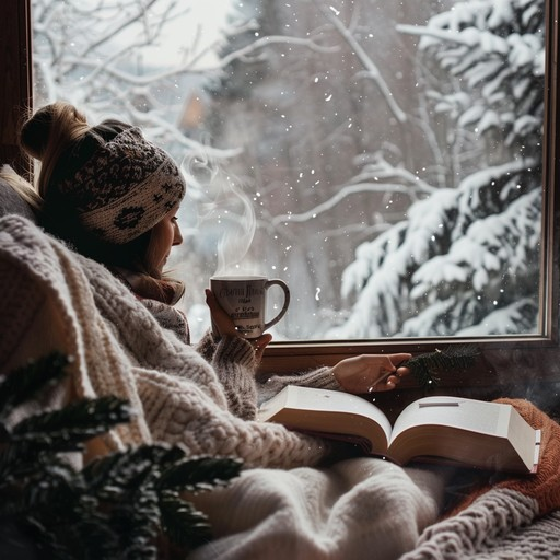 冬日窗边，裹着毛毯的女子捧着热饮望向窗外雪景